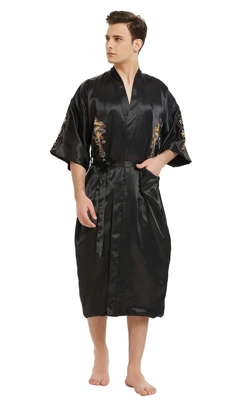 PAMOR Mens Robe Chinese Silk Embroidered Dragon Pattern Kimono Bathrobe Yukata Pajamas with Waistband and Pockets (Navy Blue) - Image 5